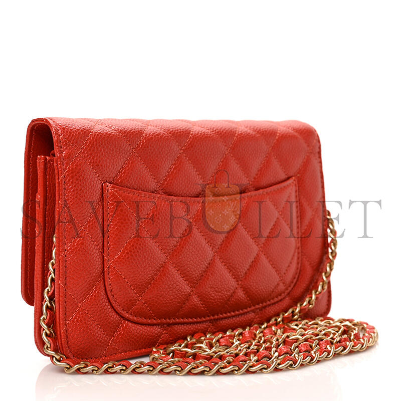 CHANEL CAVIAR QUILTED WALLET ON CHAIN WOC RED  (19*13*4cm)